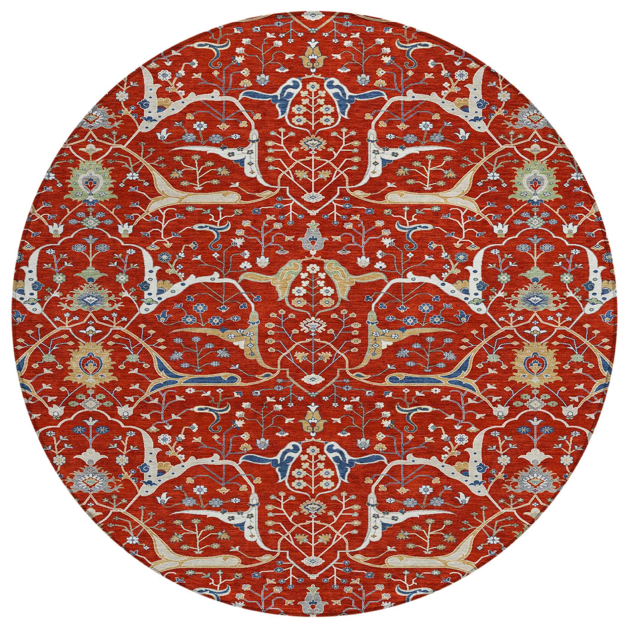 8' Red Blue And Ivory Round Floral Washable Indoor Outdoor Area Rug