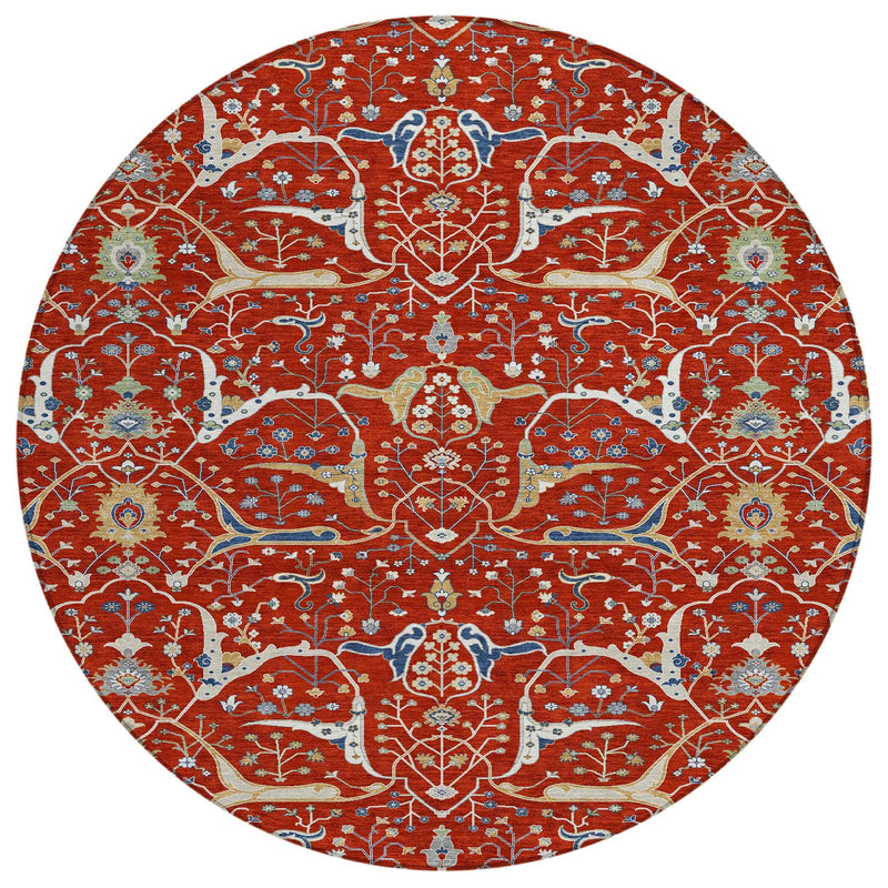 8' Red Blue And Ivory Round Floral Washable Indoor Outdoor Area Rug