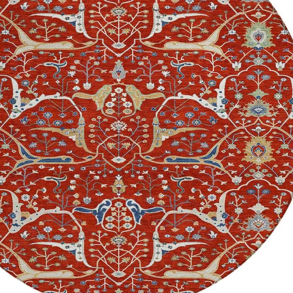 8' Red Blue And Ivory Round Floral Washable Indoor Outdoor Area Rug