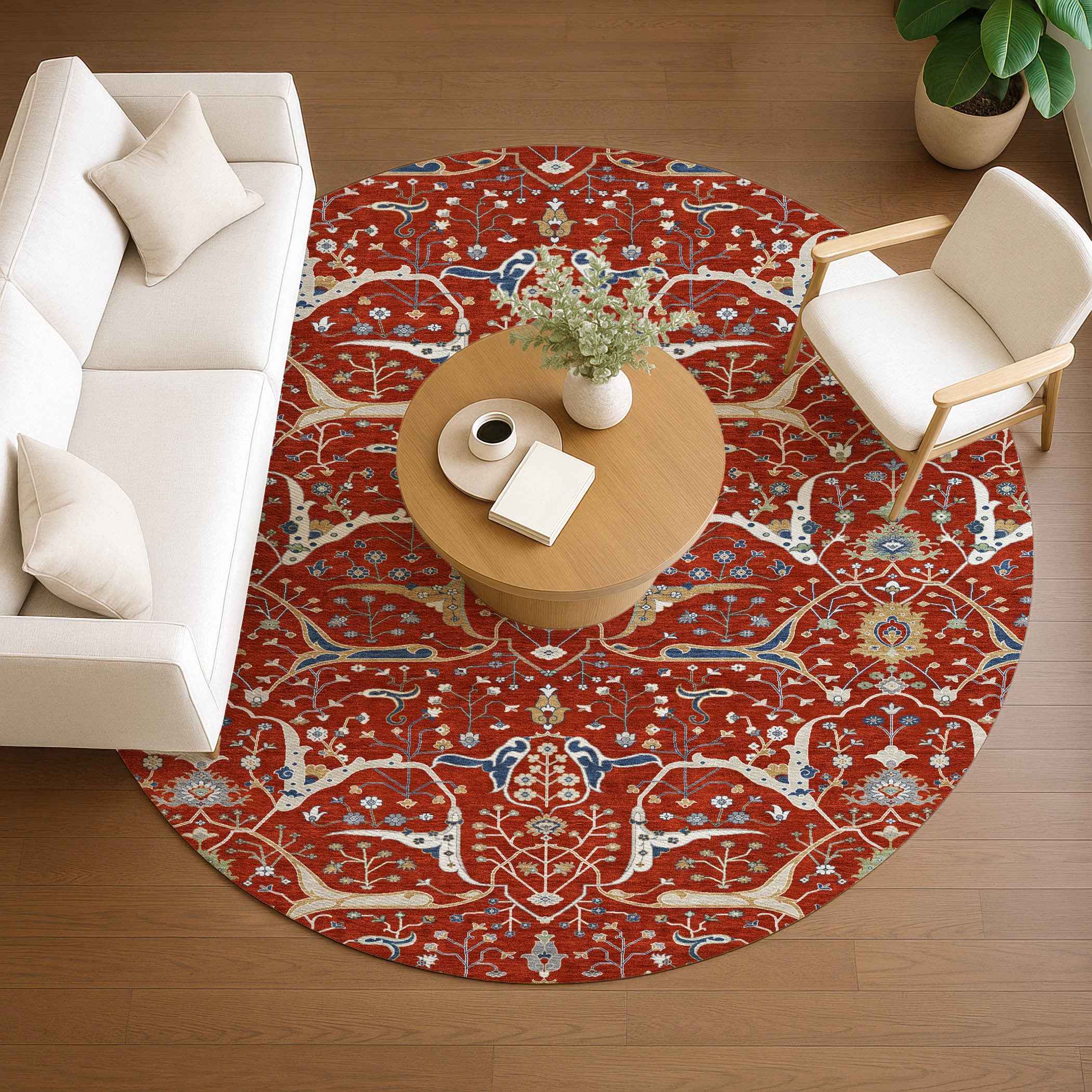 8' Red Blue And Ivory Round Floral Washable Indoor Outdoor Area Rug
