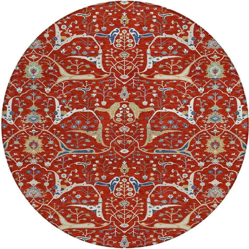 8' Red Blue And Ivory Round Floral Washable Indoor Outdoor Area Rug