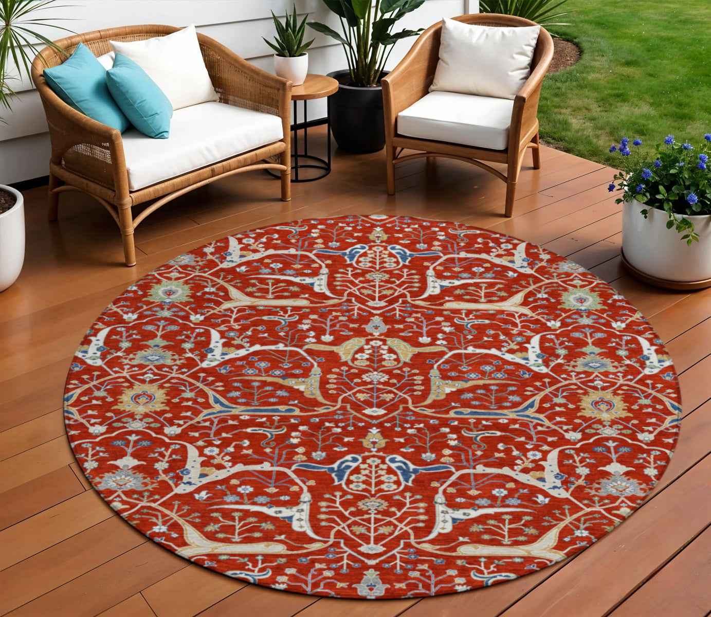 8' Red Blue And Ivory Round Floral Washable Indoor Outdoor Area Rug