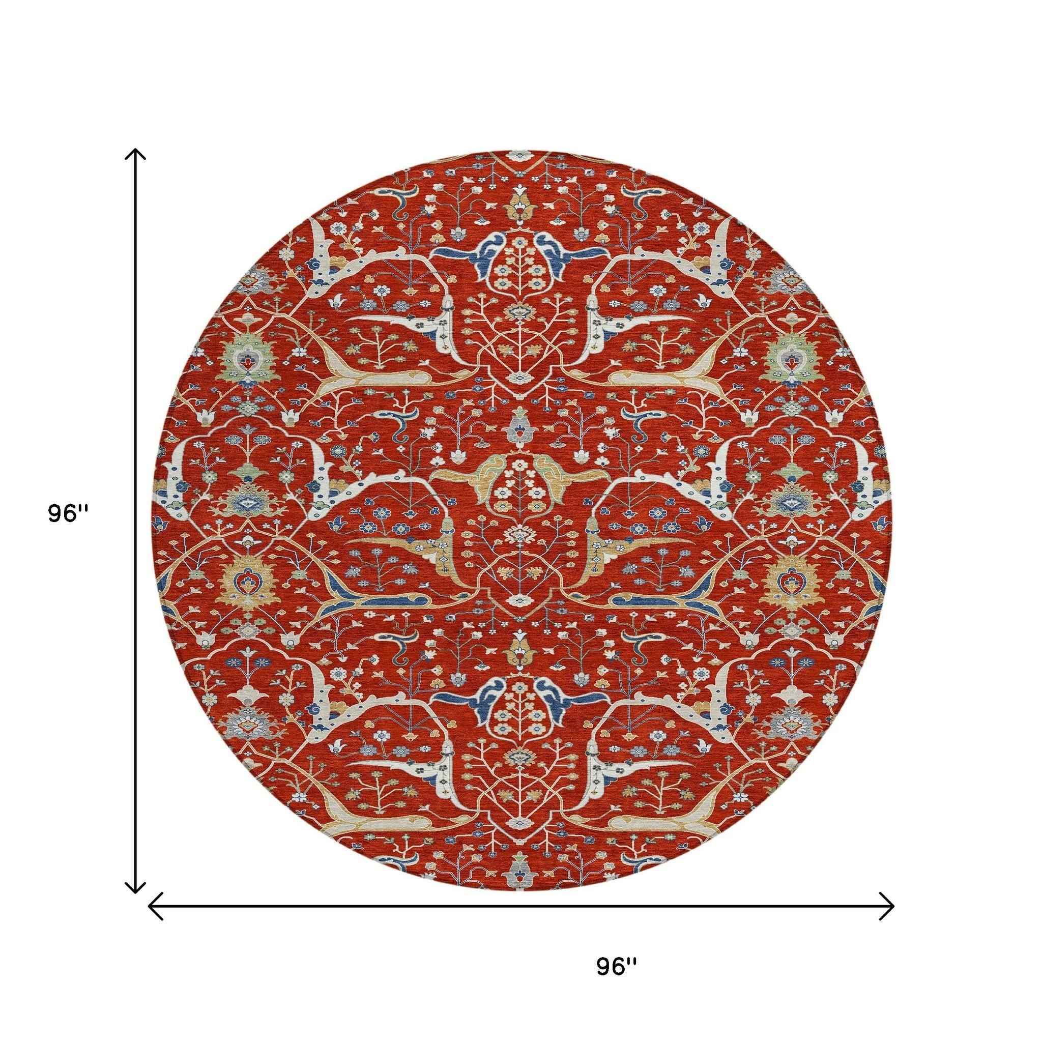 8' Red Blue And Ivory Round Floral Washable Indoor Outdoor Area Rug