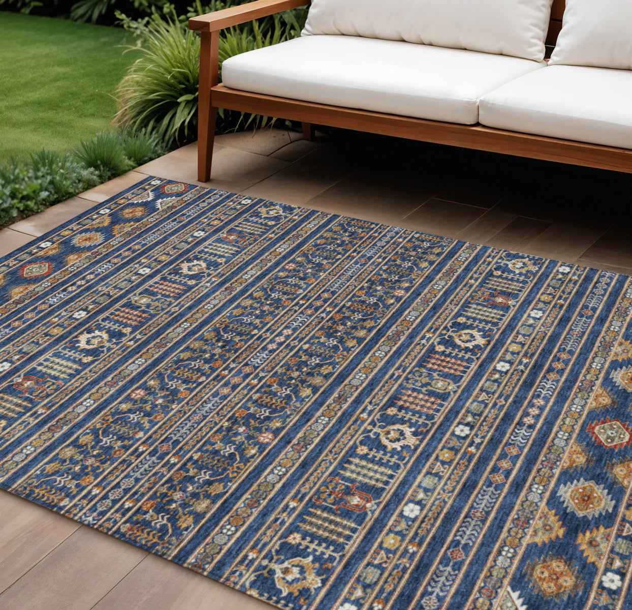 8' X 10' Navy Blue Copper And Gold Tribal Washable Indoor Outdoor Area Rug