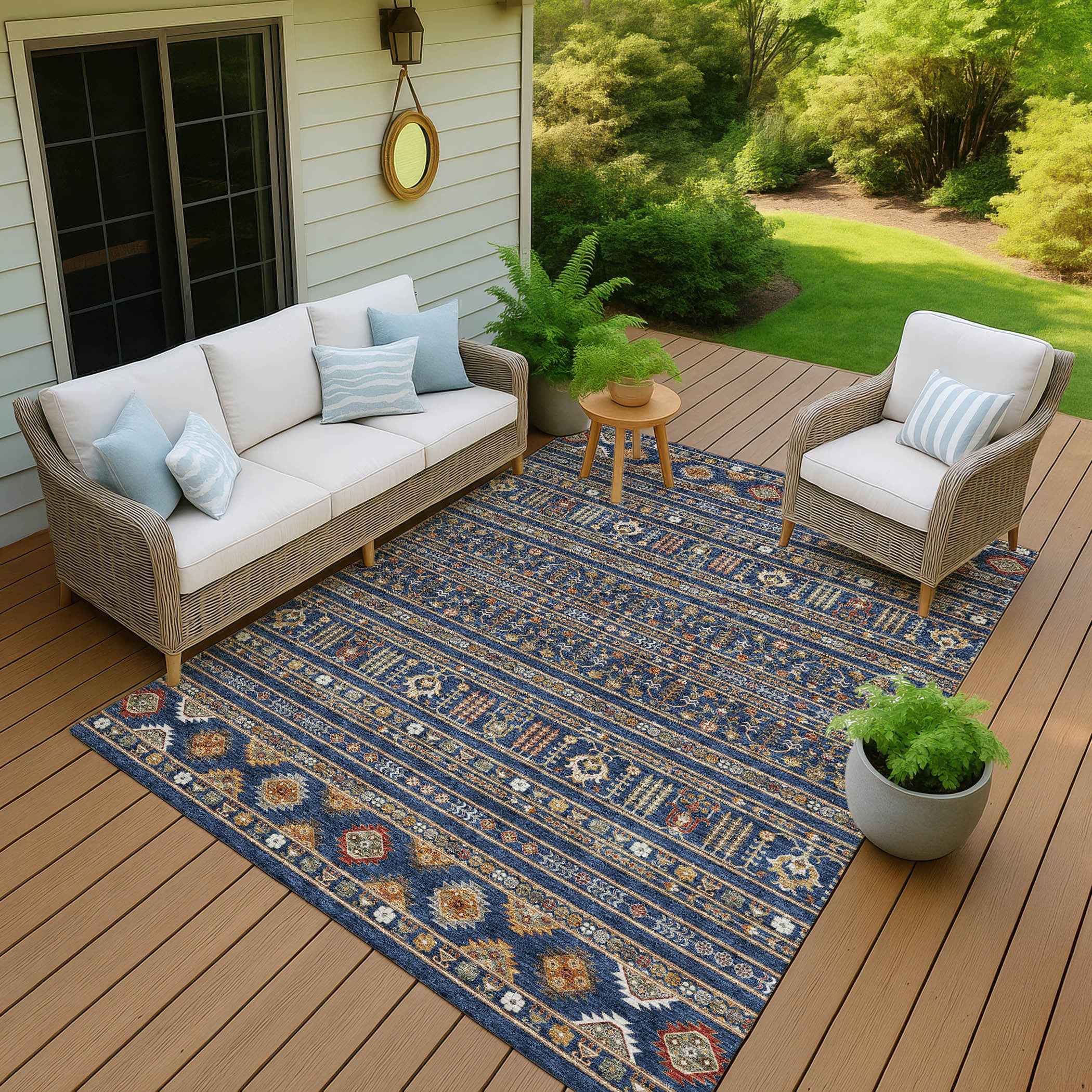 8' X 10' Navy Blue Copper And Gold Tribal Washable Indoor Outdoor Area Rug