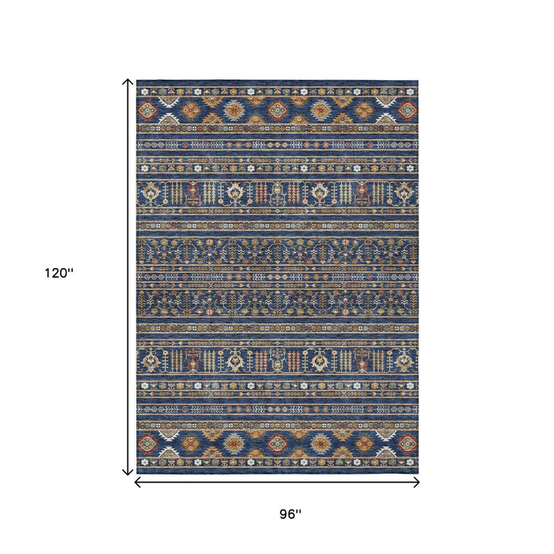 8' X 10' Navy Blue Copper And Gold Tribal Washable Indoor Outdoor Area Rug