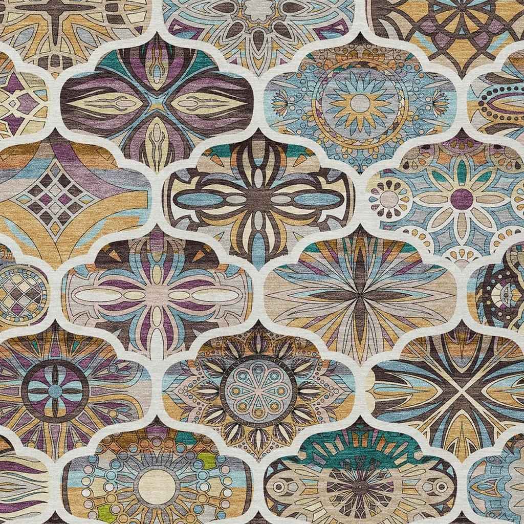 9' X 12' Beige Teal Blue And Copper Quatrefoil Washable Indoor Outdoor Area Rug