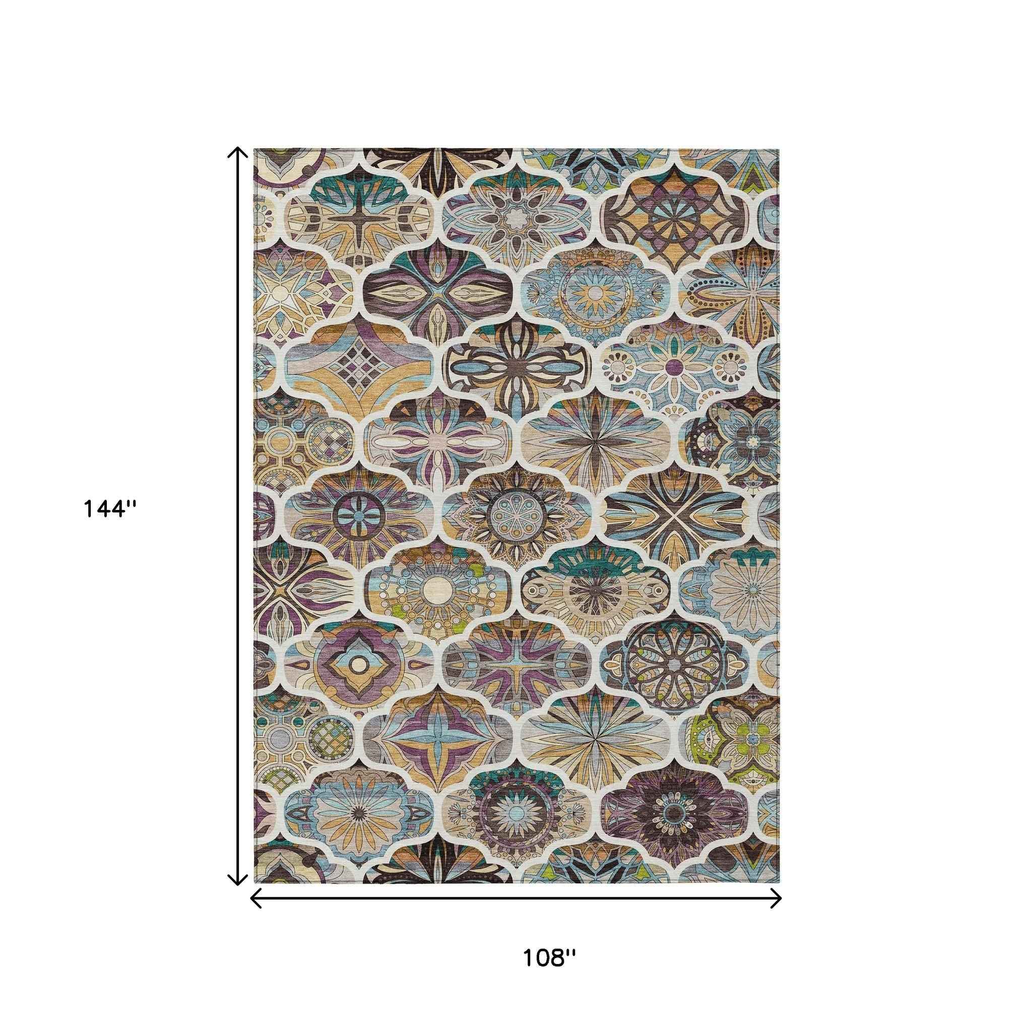 9' X 12' Beige Teal Blue And Copper Quatrefoil Washable Indoor Outdoor Area Rug