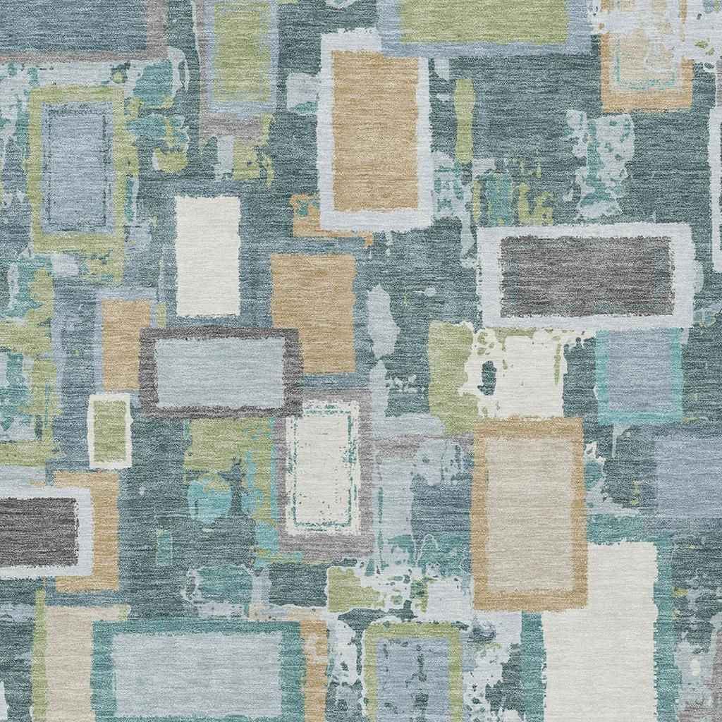 5' X 8' Teal Blue Green And Ivory Geometric Washable Indoor Outdoor Area Rug