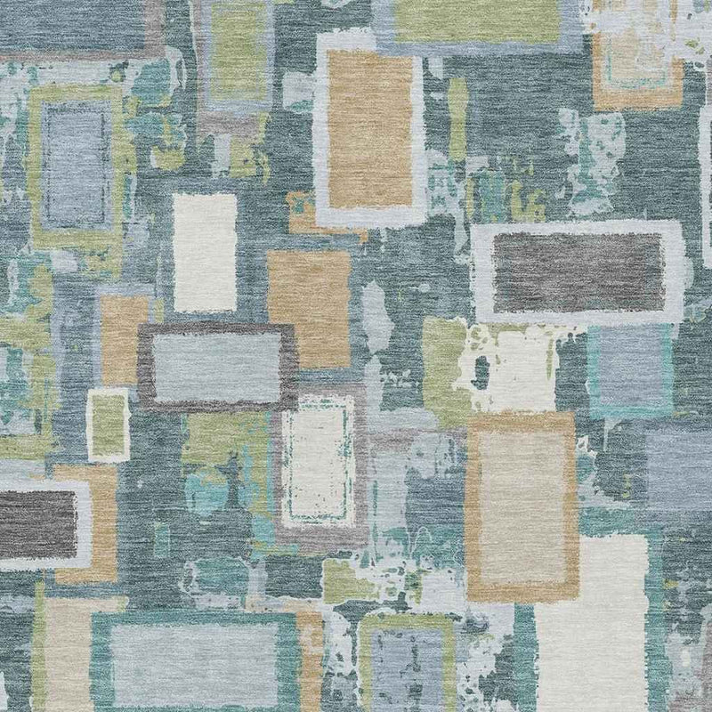 5' X 8' Teal Blue Green And Ivory Geometric Washable Indoor Outdoor Area Rug
