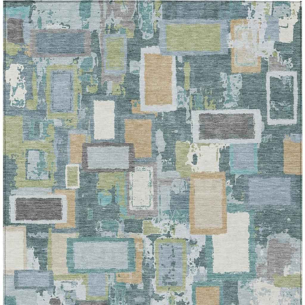 5' X 8' Teal Blue Green And Ivory Geometric Washable Indoor Outdoor Area Rug