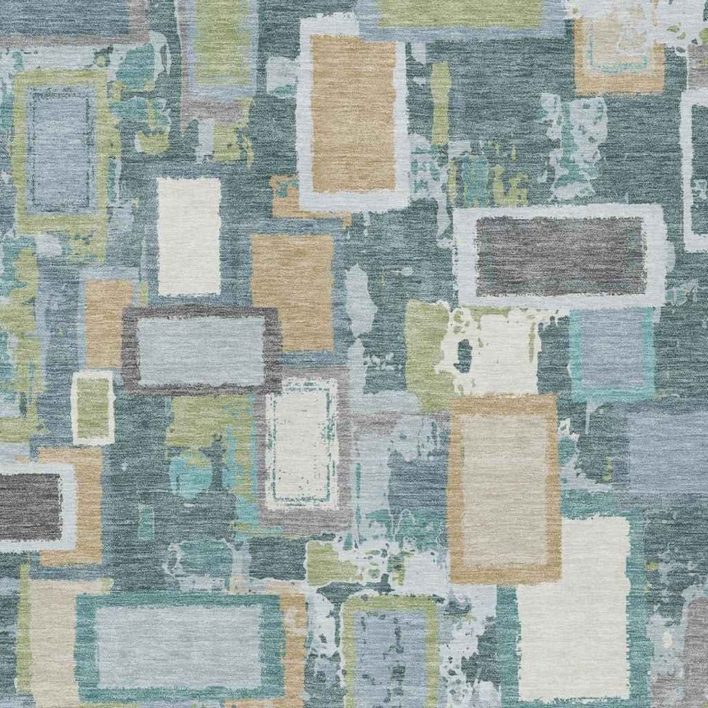 5' X 8' Teal Blue Green And Ivory Geometric Washable Indoor Outdoor Area Rug