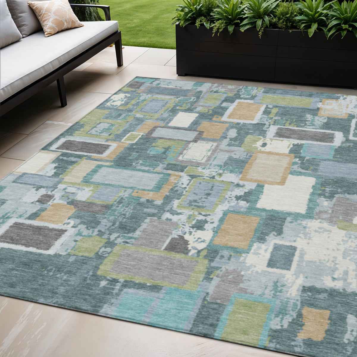 5' X 8' Teal Blue Green And Ivory Geometric Washable Indoor Outdoor Area Rug