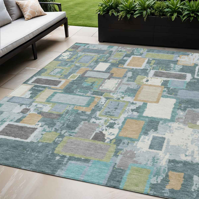 5' X 8' Teal Blue Green And Ivory Geometric Washable Indoor Outdoor Area Rug