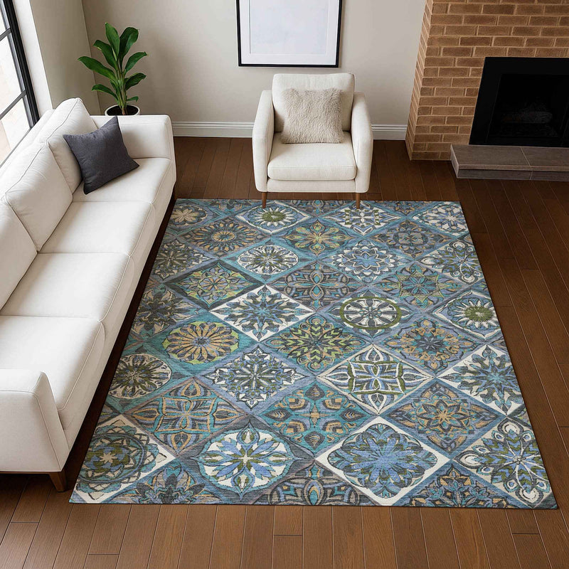 9' X 12' Denim Blue And Green Patchwork Washable Indoor Outdoor Area Rug