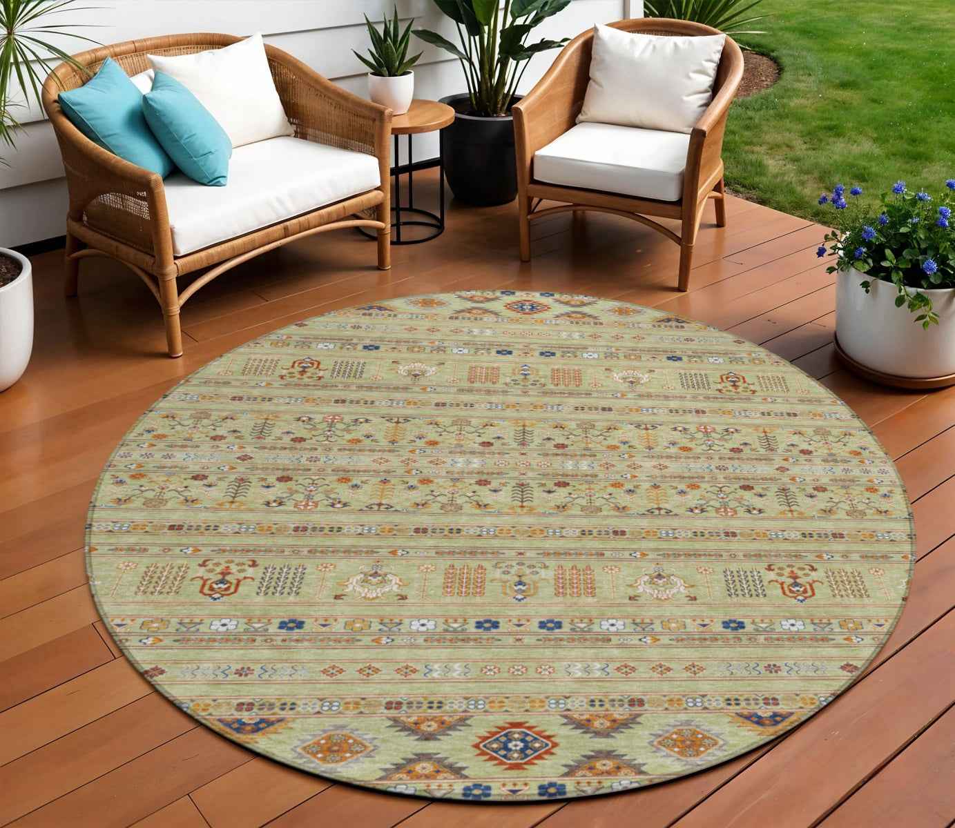 8' Artichoke Green Blue And Copper Round Tribal Washable Indoor Outdoor Area Rug