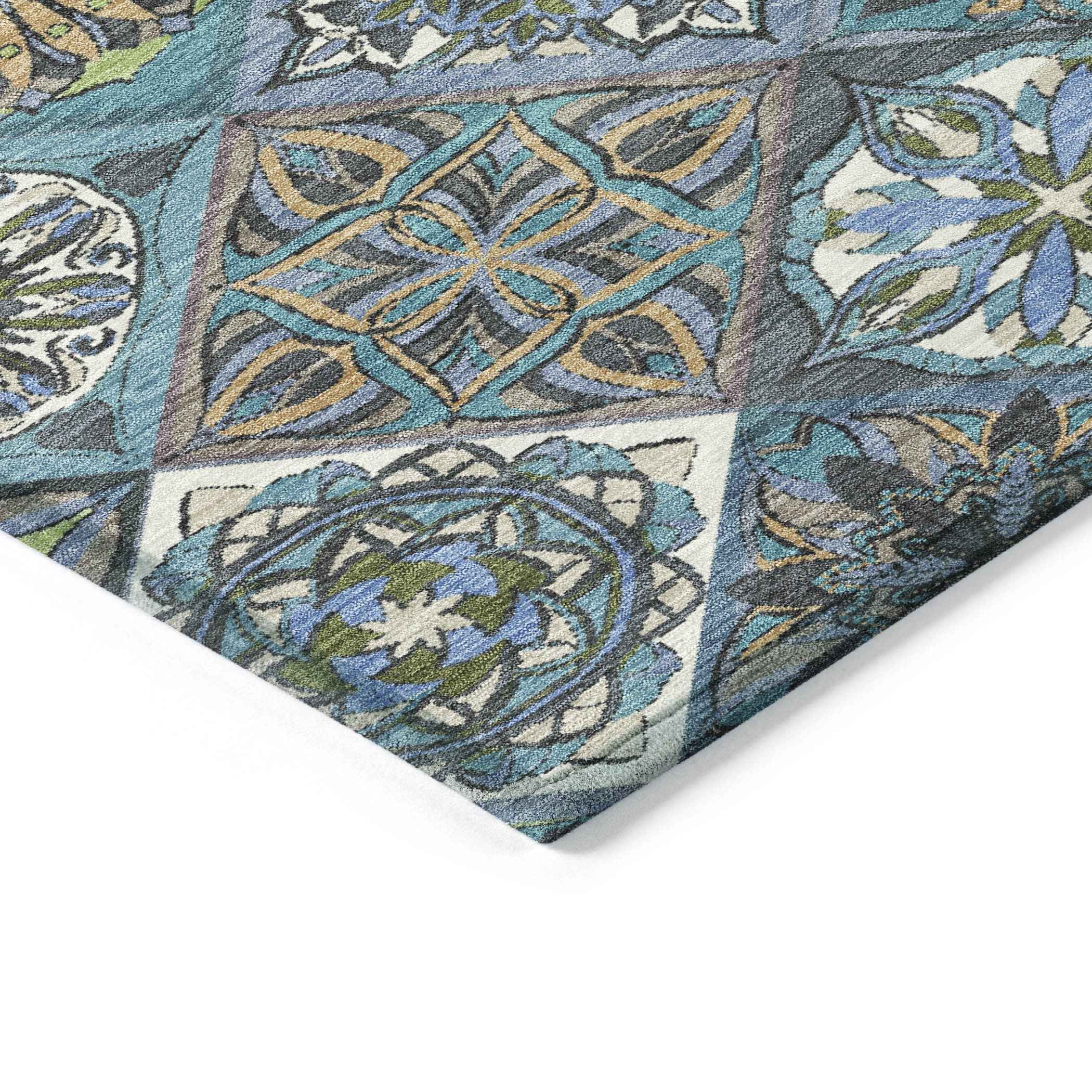 9' X 12' Denim Blue And Green Patchwork Washable Indoor Outdoor Area Rug