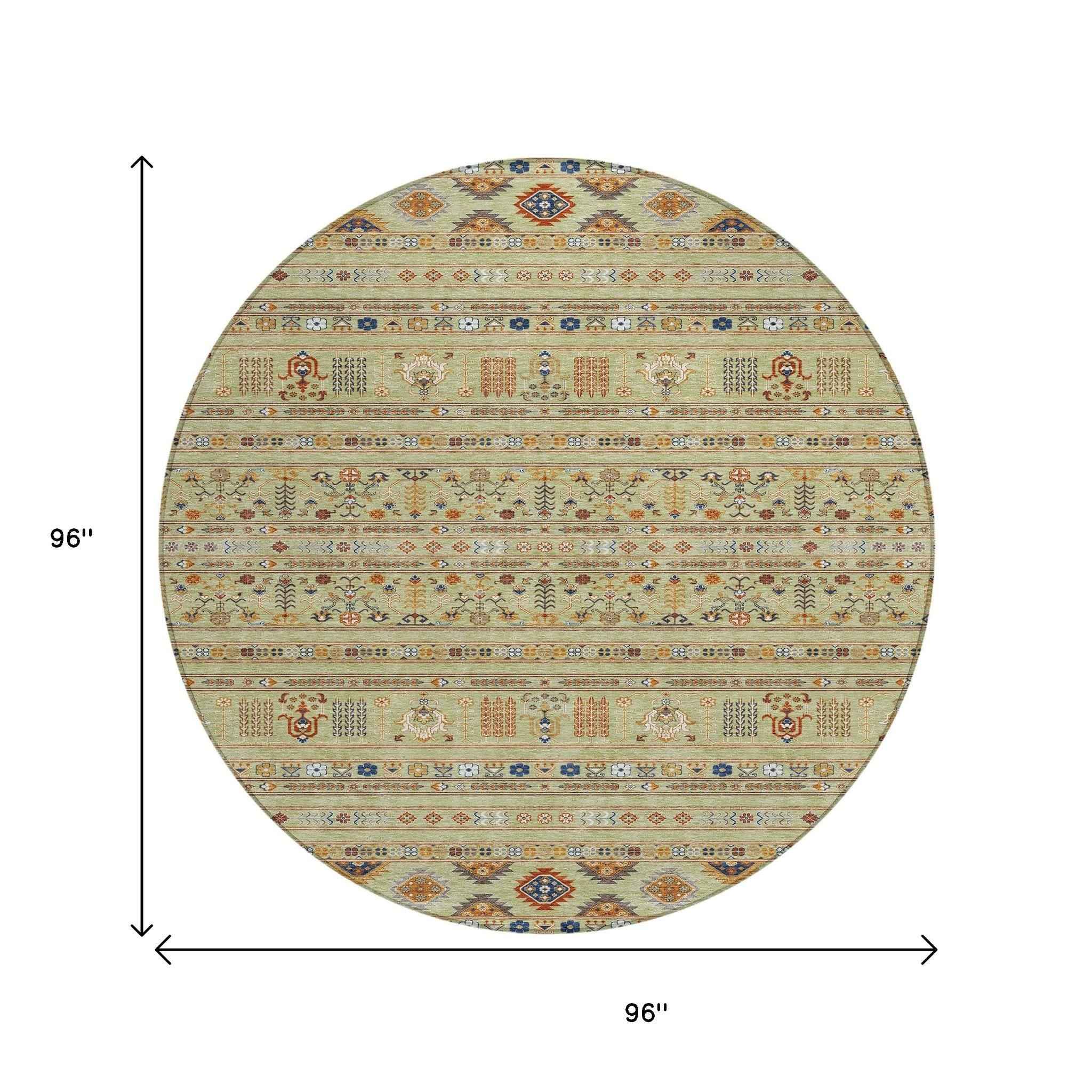 8' Artichoke Green Blue And Copper Round Tribal Washable Indoor Outdoor Area Rug