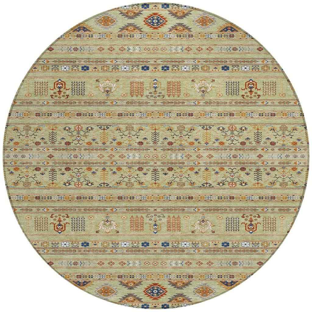 8' Artichoke Green Blue And Copper Round Tribal Washable Indoor Outdoor Area Rug
