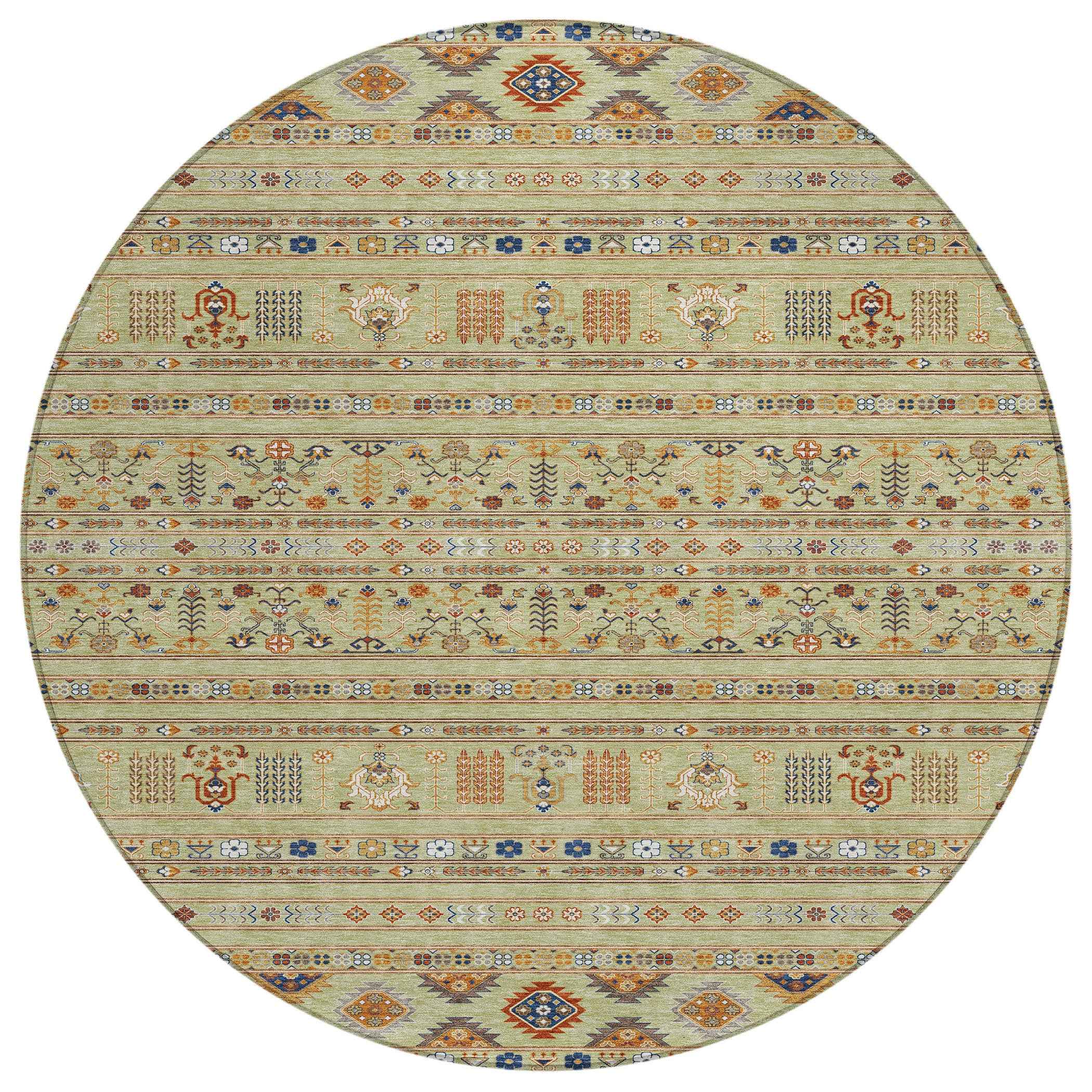 8' Artichoke Green Blue And Copper Round Tribal Washable Indoor Outdoor Area Rug