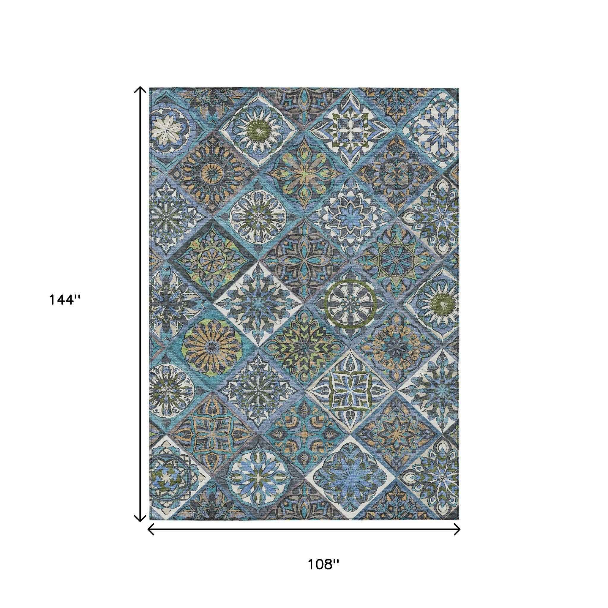 9' X 12' Denim Blue And Green Patchwork Washable Indoor Outdoor Area Rug