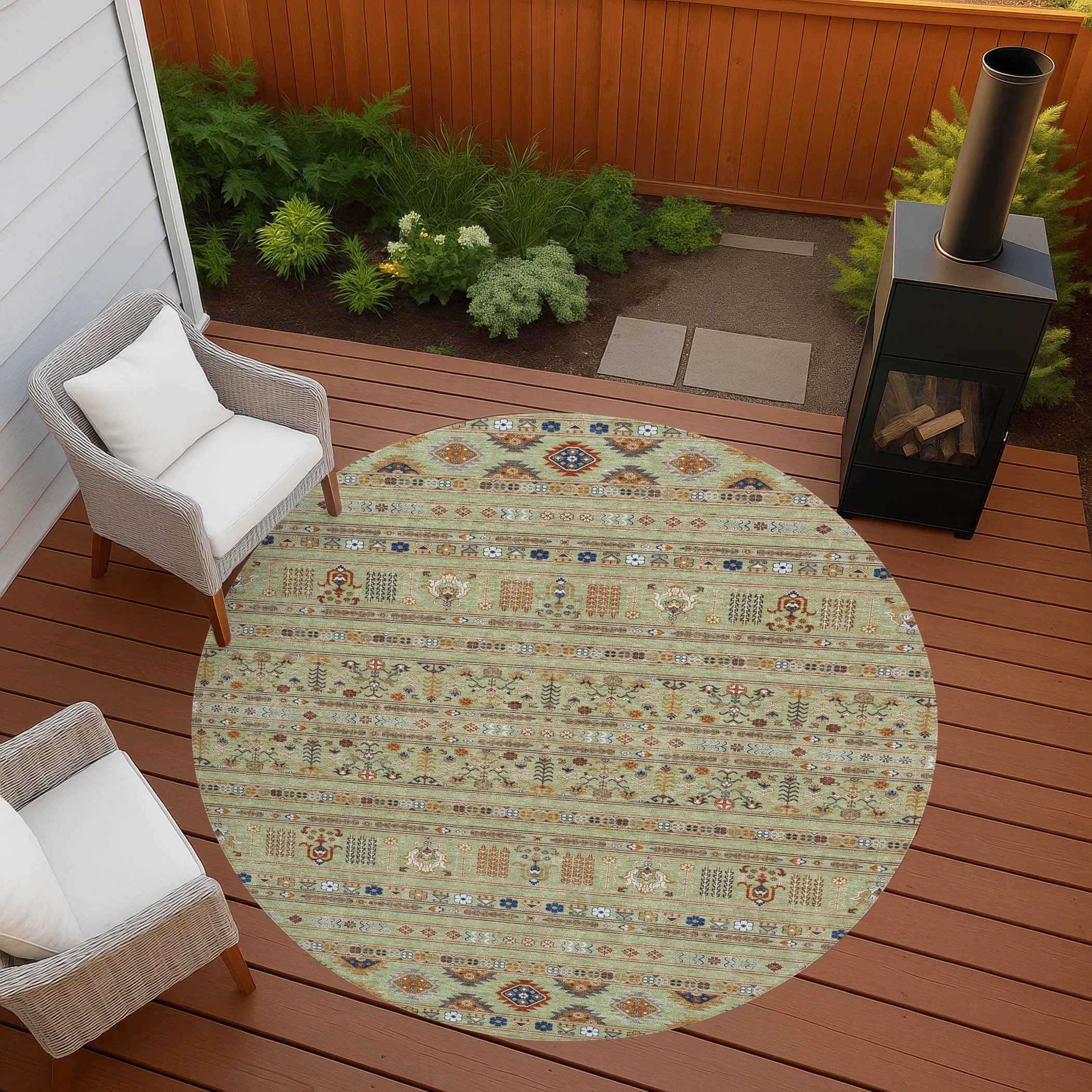 8' Artichoke Green Blue And Copper Round Tribal Washable Indoor Outdoor Area Rug