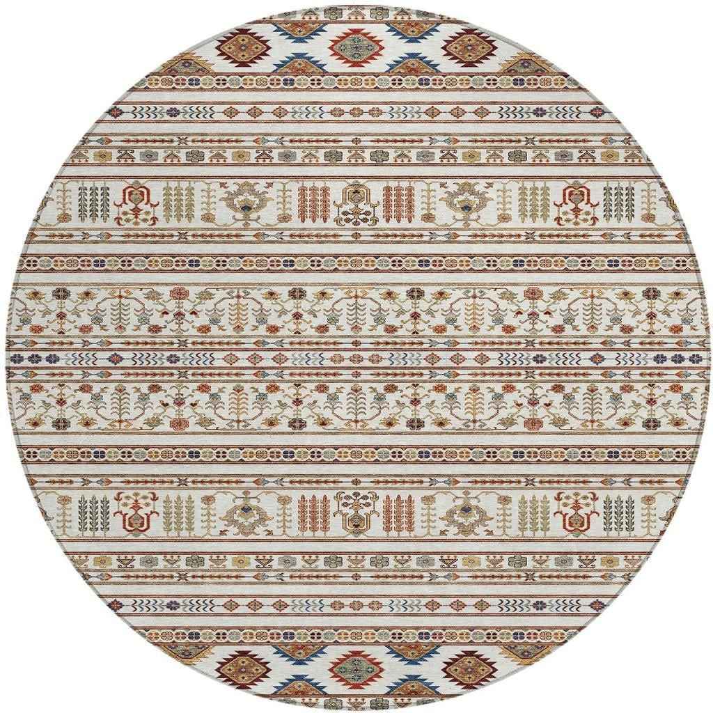8' Ivory Blue And Copper Round Tribal Washable Indoor Outdoor Area Rug