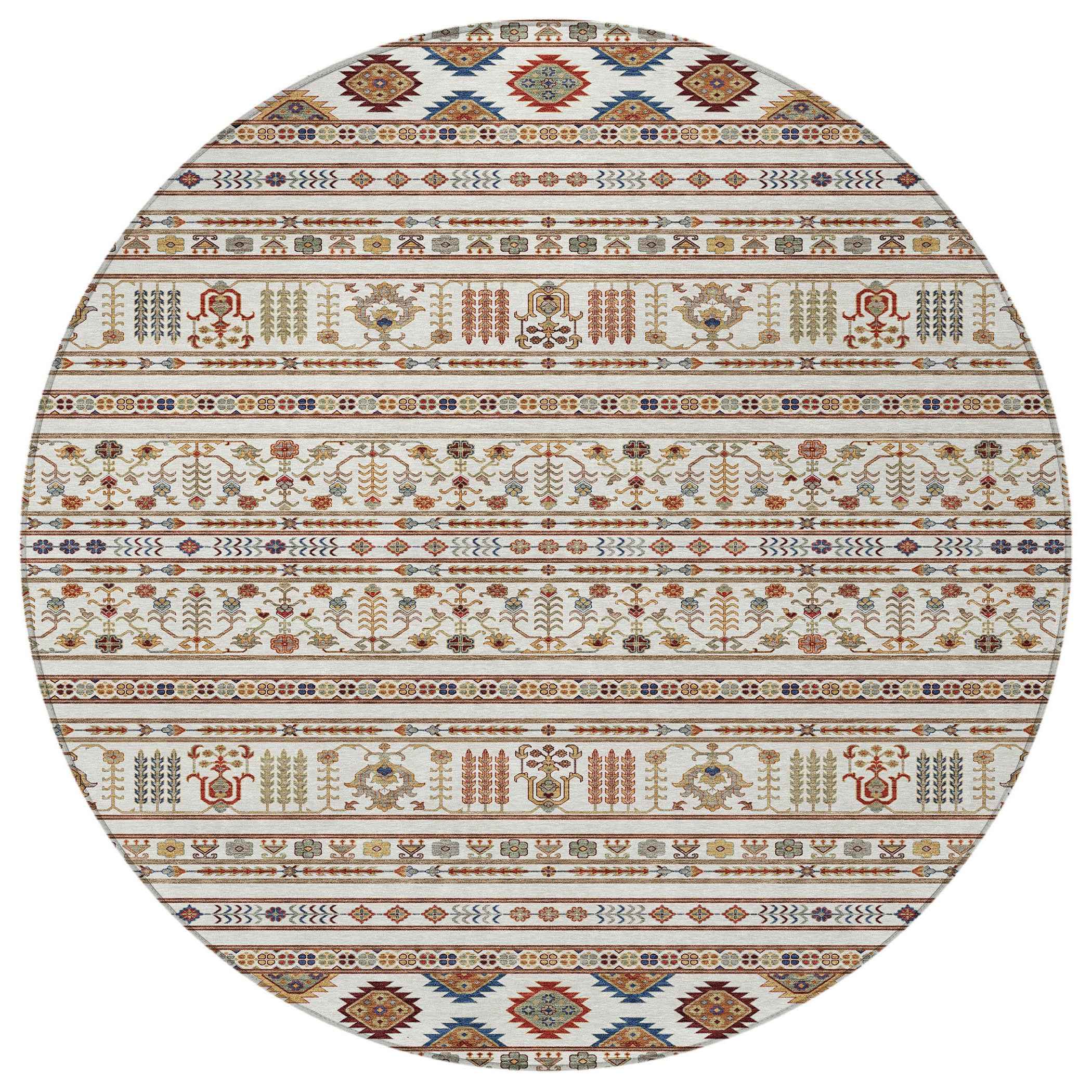 8' Ivory Blue And Copper Round Tribal Washable Indoor Outdoor Area Rug