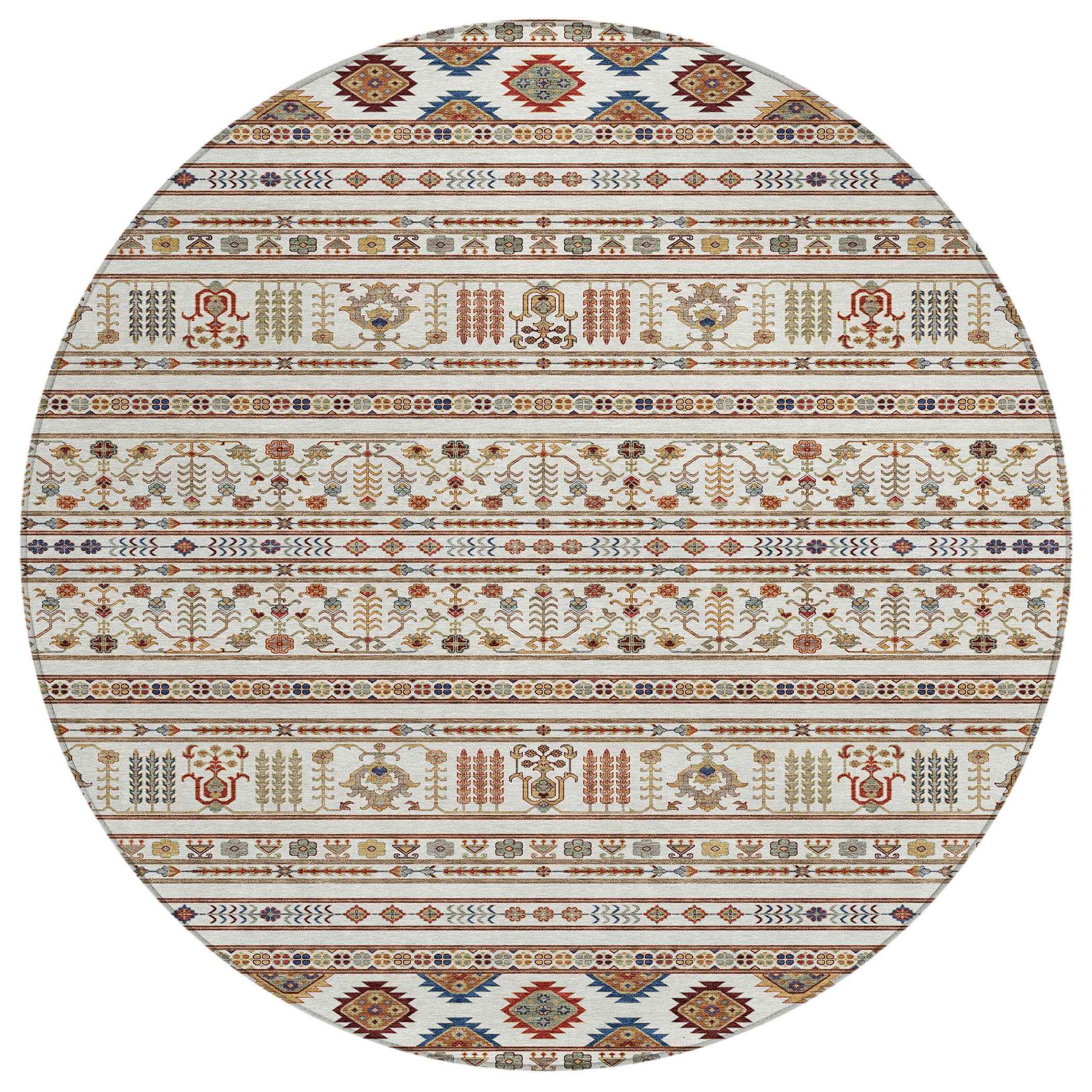8' Ivory Blue And Copper Round Tribal Washable Indoor Outdoor Area Rug