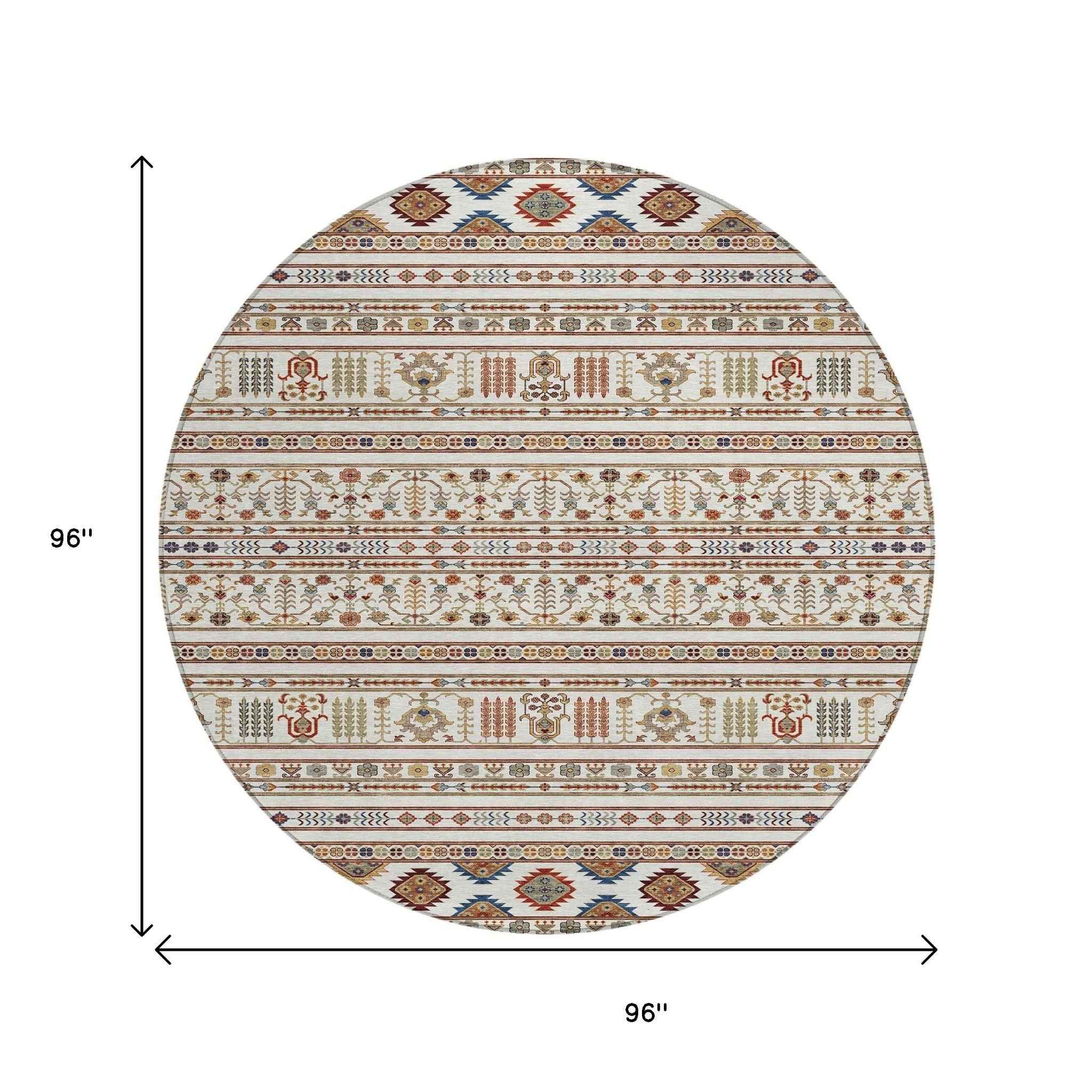 8' Ivory Blue And Copper Round Tribal Washable Indoor Outdoor Area Rug