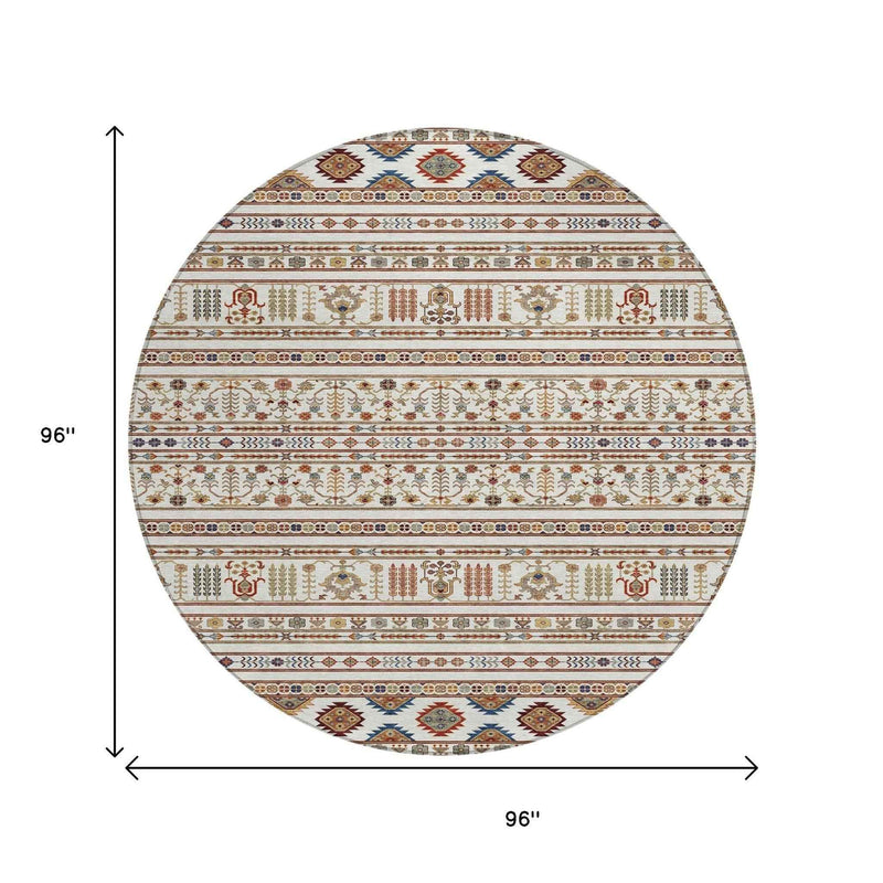 8' Ivory Blue And Copper Round Tribal Washable Indoor Outdoor Area Rug