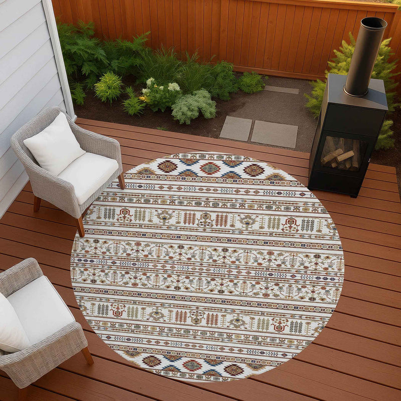 8' Ivory Blue And Copper Round Tribal Washable Indoor Outdoor Area Rug