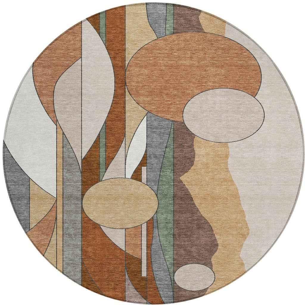 8' Copper And Ivory Round Geometric Washable Indoor Outdoor Area Rug