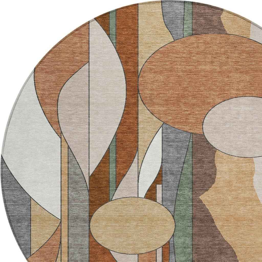8' Copper And Ivory Round Geometric Washable Indoor Outdoor Area Rug