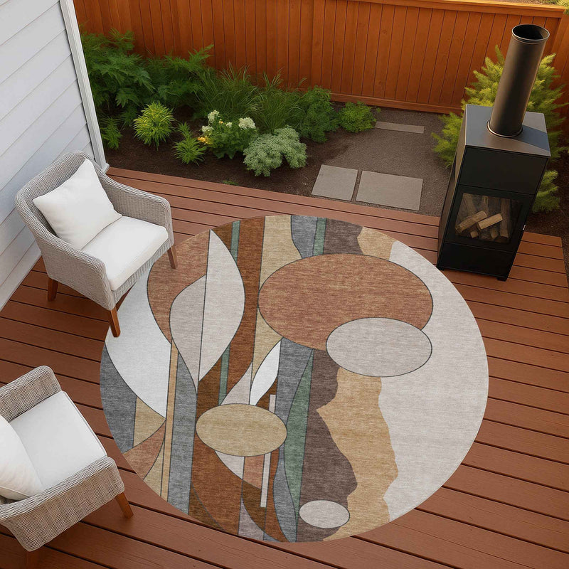 8' Copper And Ivory Round Geometric Washable Indoor Outdoor Area Rug