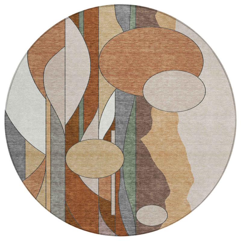 8' Copper And Ivory Round Geometric Washable Indoor Outdoor Area Rug