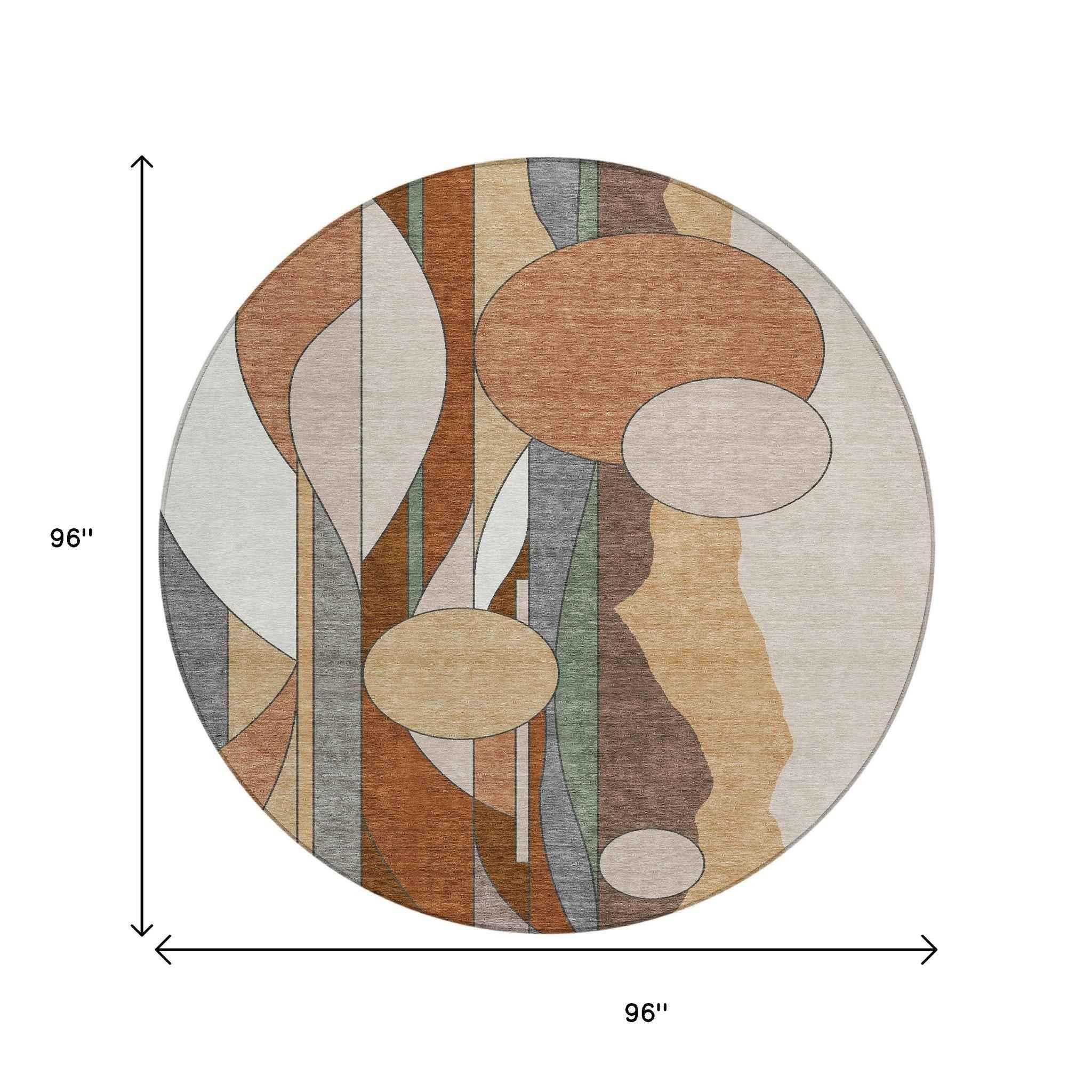 8' Copper And Ivory Round Geometric Washable Indoor Outdoor Area Rug