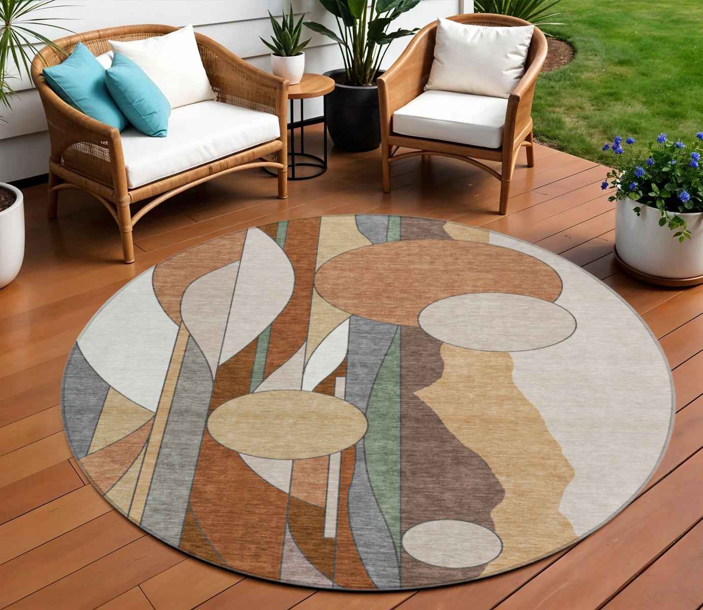 8' Copper And Ivory Round Geometric Washable Indoor Outdoor Area Rug