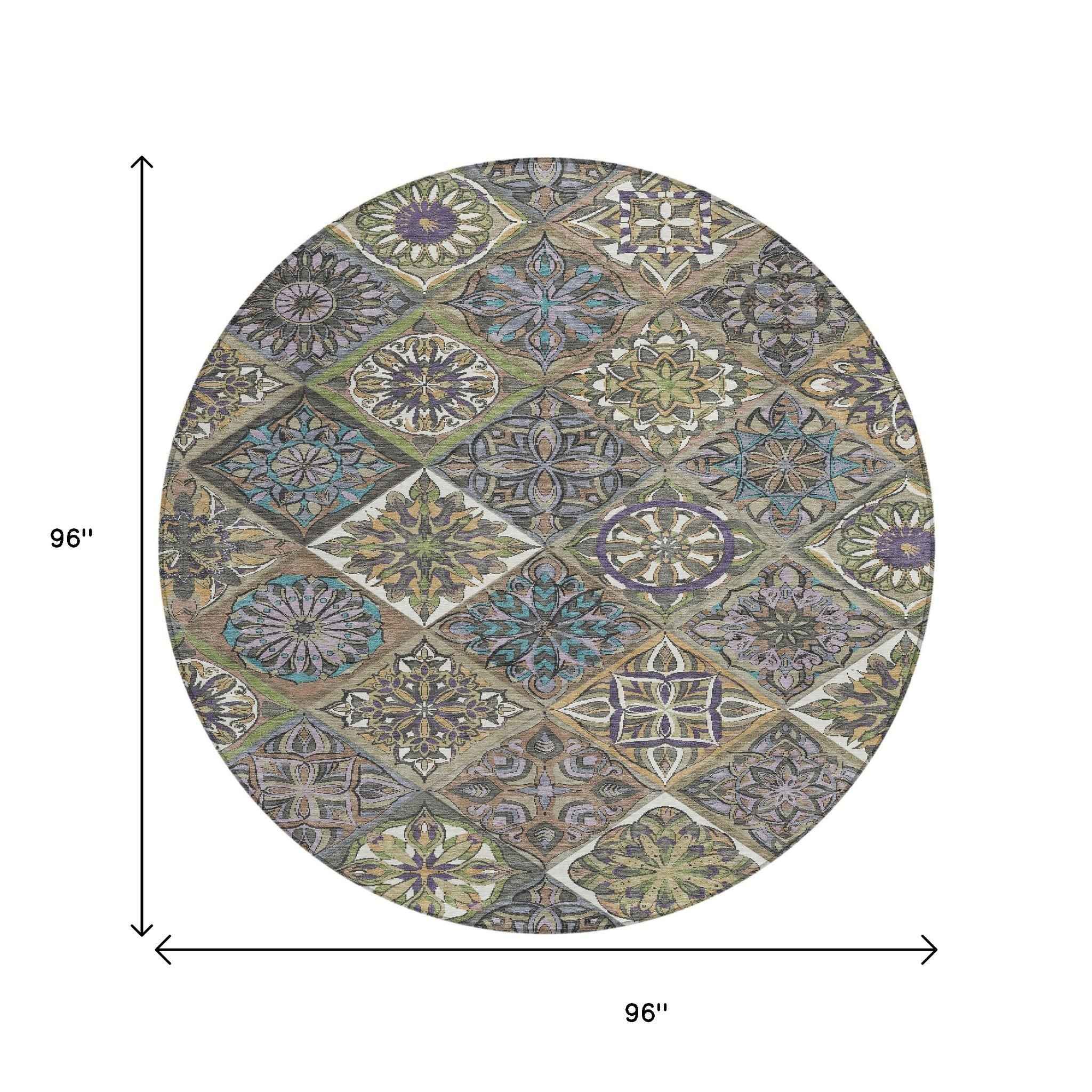8' Taupe And Green Round Patchwork Washable Indoor Outdoor Area Rug
