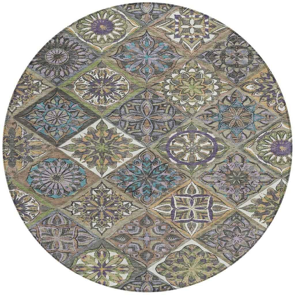8' Taupe And Green Round Patchwork Washable Indoor Outdoor Area Rug