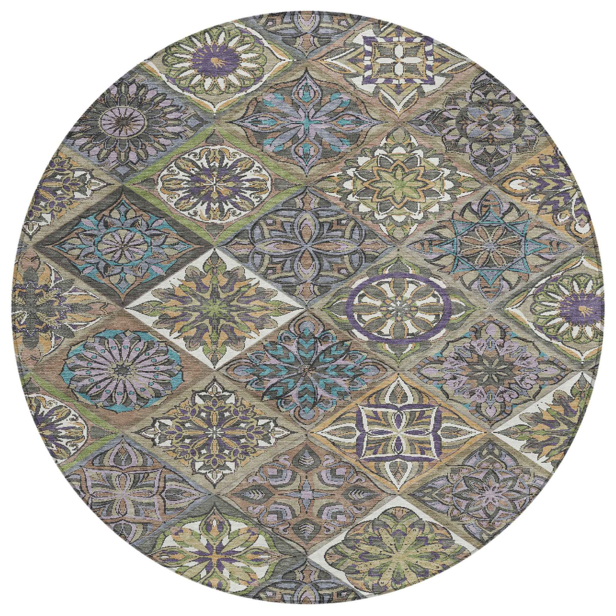 8' Taupe And Green Round Patchwork Washable Indoor Outdoor Area Rug