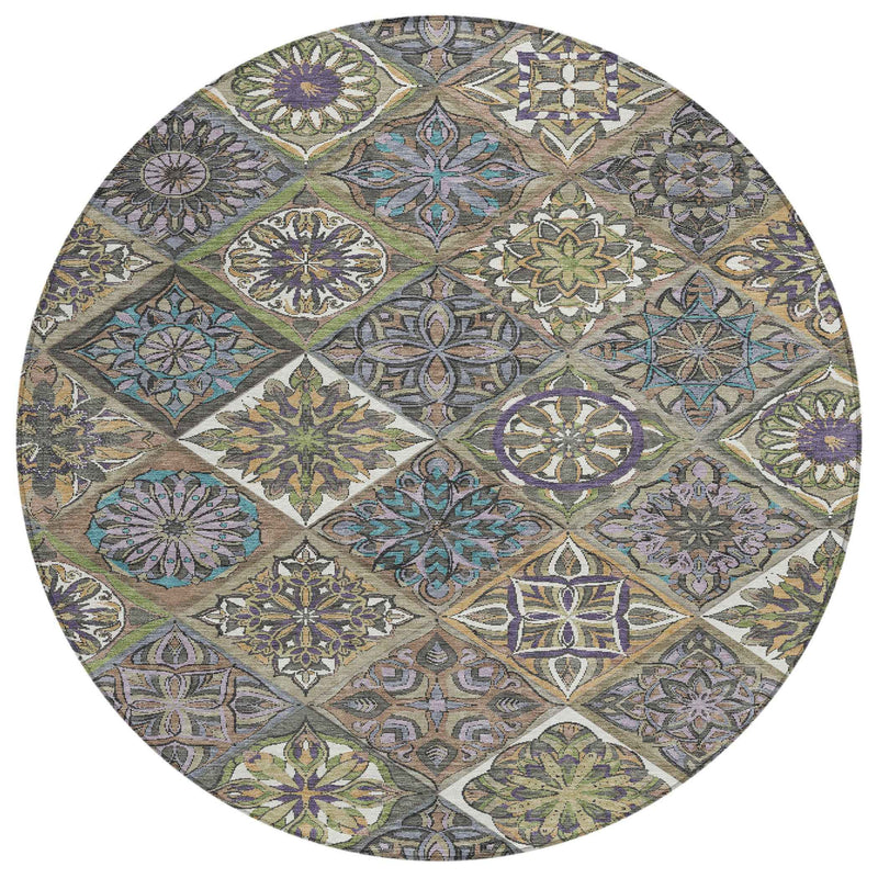8' Taupe And Green Round Patchwork Washable Indoor Outdoor Area Rug