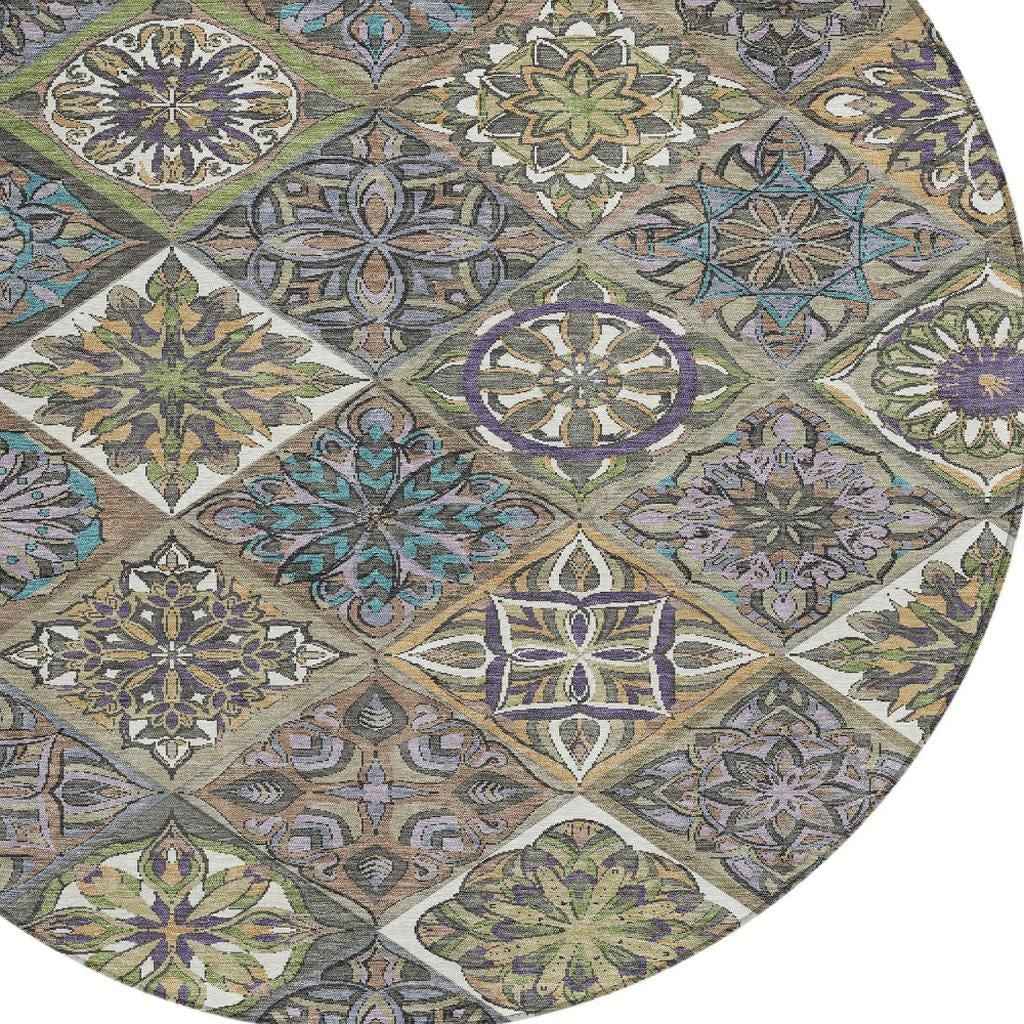 8' Taupe And Green Round Patchwork Washable Indoor Outdoor Area Rug