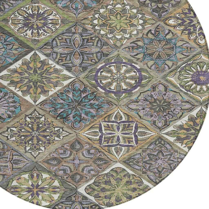 8' Taupe And Green Round Patchwork Washable Indoor Outdoor Area Rug