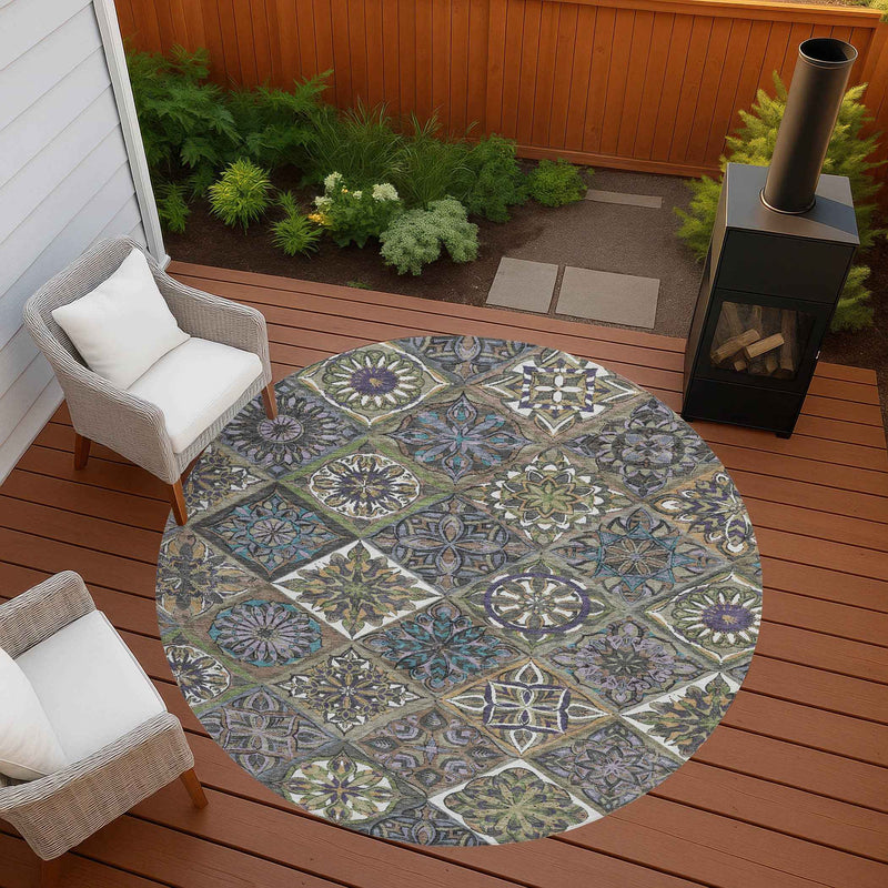 8' Taupe And Green Round Patchwork Washable Indoor Outdoor Area Rug