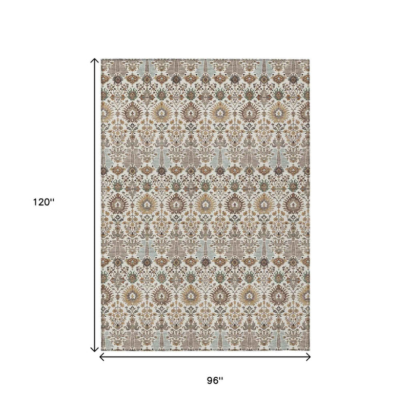 8' X 10' Ivory And Brown Floral Washable Indoor Outdoor Area Rug