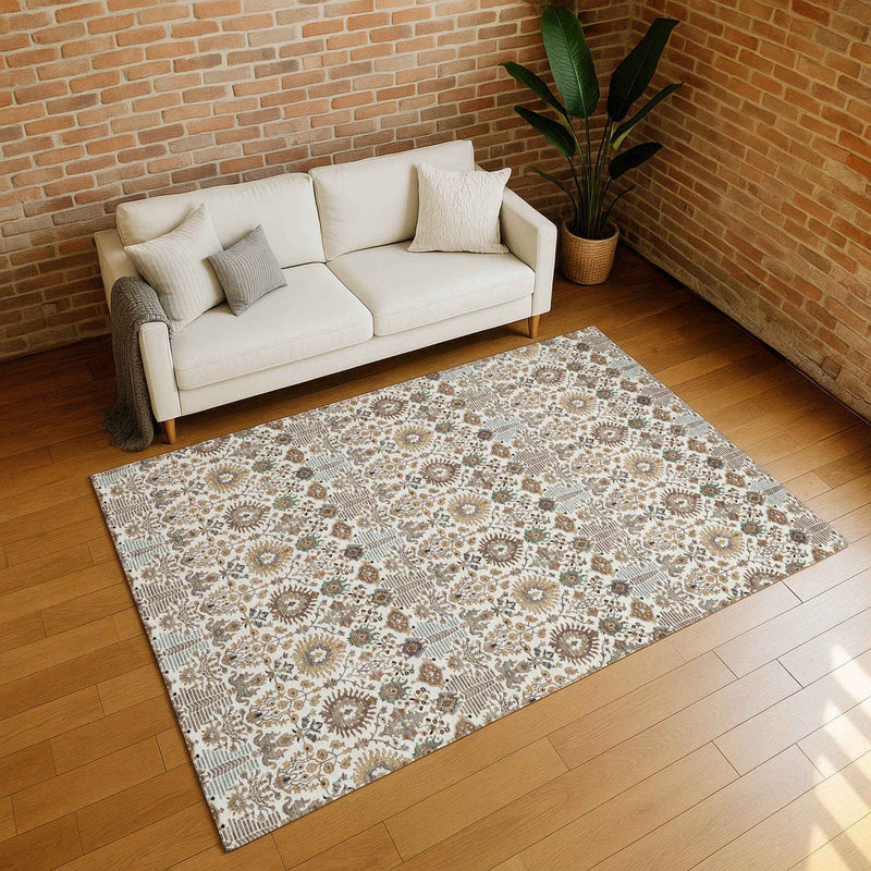 8' X 10' Ivory And Brown Floral Washable Indoor Outdoor Area Rug