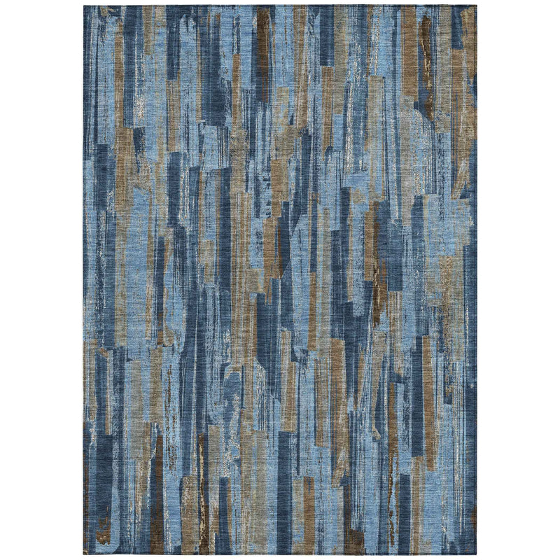 9' X 12' Navy Blue And Taupe Striped Washable Indoor Outdoor Area Rug