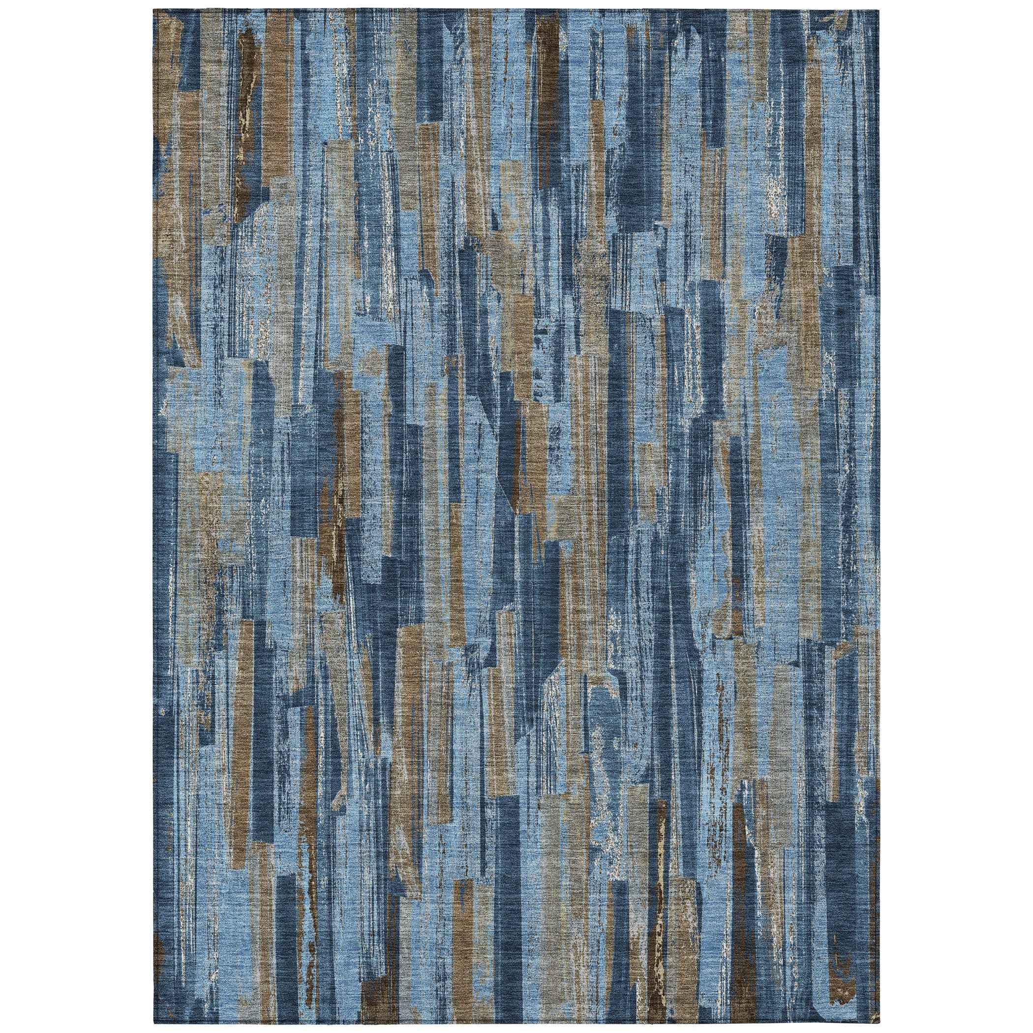 9' X 12' Navy Blue And Taupe Striped Washable Indoor Outdoor Area Rug