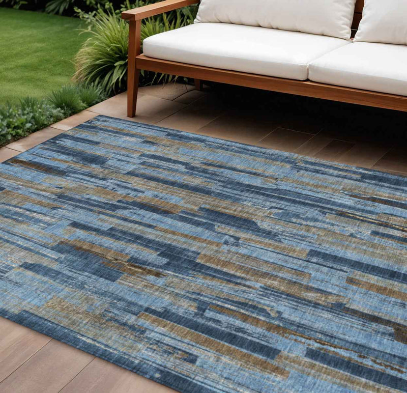 9' X 12' Navy Blue And Taupe Striped Washable Indoor Outdoor Area Rug